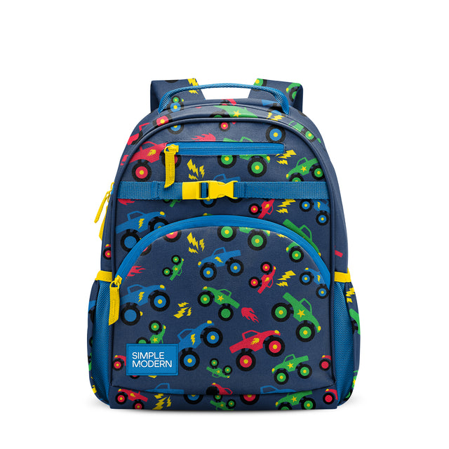 Navy blue children's backpack with electric blue and yellow accents, geometric print pattern, padded pockets, dual mesh side pockets, and yellow buckle closure. Simple Modern brand label visible on front. Navy blue children's backpack with electric blue and yellow accents, geometric print pattern, padded pockets, dual mesh side pockets, and yellow buckle closure. Simple Modern brand label visible on front.