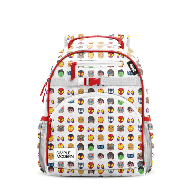 Marvel Avengers white children's backpack with red accents, featuring cartoon character heads pattern, front zippered pockets, gray mesh sides, padded shoulder straps, and red carry handle. Marvel Avengers white children's backpack with red accents, featuring cartoon character heads pattern, front zippered pockets, gray mesh sides, padded shoulder straps, and red carry handle.