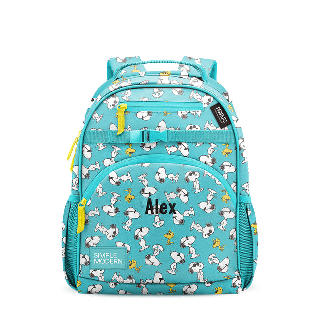 Turquoise children's backpack with cartoon dogs and birds, yellow zipper pulls, padded straps, multiple pockets, and Turquoise children's backpack with cartoon dogs and birds, yellow zipper pulls, padded straps, multiple pockets, and