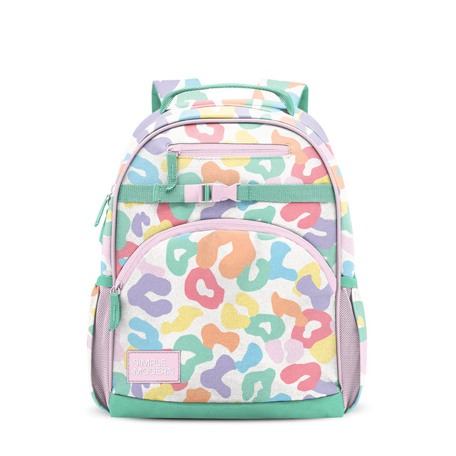 Pastel multicolor children's backpack with abstract animal print, mint green and lavender straps, front organizational pockets, side mesh panels, and Pastel multicolor children's backpack with abstract animal print, mint green and lavender straps, front organizational pockets, side mesh panels, and
