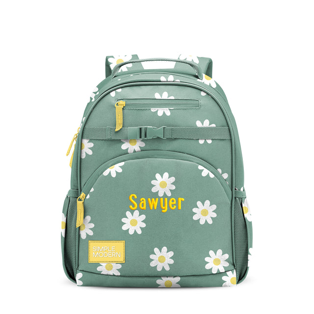 Sage green children's backpack with white daisy flower pattern and yellow accents, featuring Sage green children's backpack with white daisy flower pattern and yellow accents, featuring
