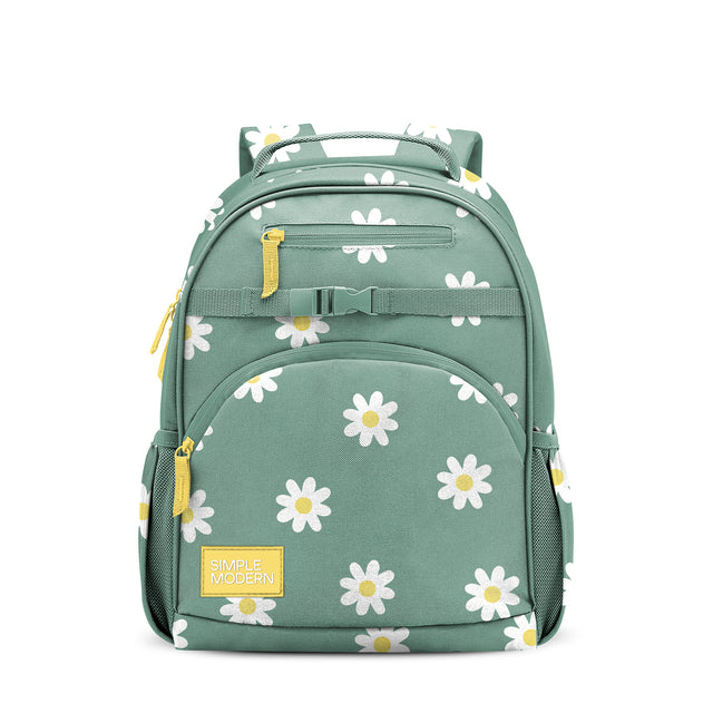 Sage green children's backpack with white daisy flower pattern, yellow-gold trim, padded shoulder straps, front zippered pocket, cargo strap, and side mesh panels for water bottles. Simple Modern brand. Sage green children's backpack with white daisy flower pattern, yellow-gold trim, padded shoulder straps, front zippered pocket, cargo strap, and side mesh panels for water bottles. Simple Modern brand.