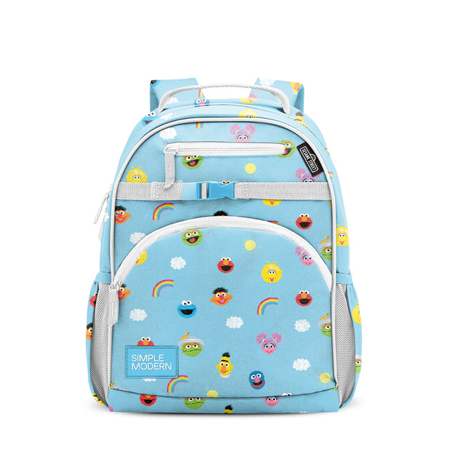 Sky blue children's backpack with Sesame Street character pattern, multiple compartments, padded straps, side water bottle pockets, and Simple Modern branding on front pocket. Sky blue children's backpack with Sesame Street character pattern, multiple compartments, padded straps, side water bottle pockets, and Simple Modern branding on front pocket.