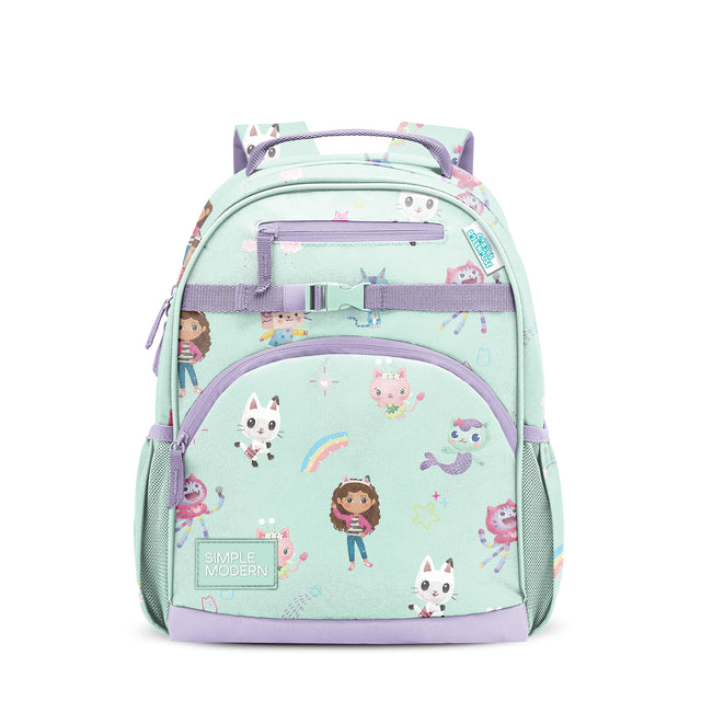 Mint green children's backpack with lavender accents, featuring cartoon illustrations of cats, children, mermaids, and rainbows. Includes padded straps, front mesh pocket, zippered compartments, and side mesh pockets. Simple Mint green children's backpack with lavender accents, featuring cartoon illustrations of cats, children, mermaids, and rainbows. Includes padded straps, front mesh pocket, zippered compartments, and side mesh pockets. Simple