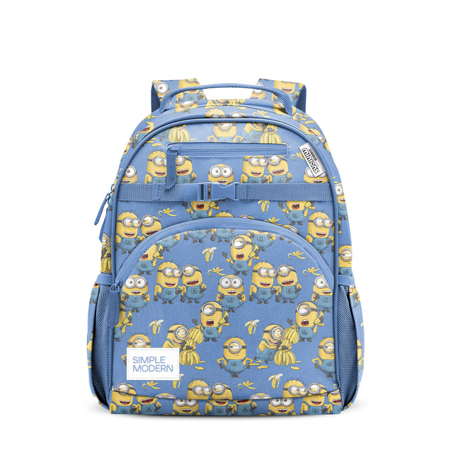 Blue and yellow children's backpack featuring Minion characters and bananas, with multiple zippered pockets, padded handle, and Simple Modern logo patch. Blue and yellow children's backpack featuring Minion characters and bananas, with multiple zippered pockets, padded handle, and Simple Modern logo patch.