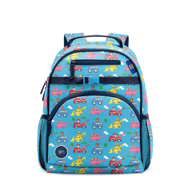Turquoise children's backpack with colorful vehicle print featuring fire trucks, construction vehicles, and police cars. Navy straps, mesh pockets, and Simple Modern logo patch. Studio product photo on white background. Turquoise children's backpack with colorful vehicle print featuring fire trucks, construction vehicles, and police cars. Navy straps, mesh pockets, and Simple Modern logo patch. Studio product photo on white background.