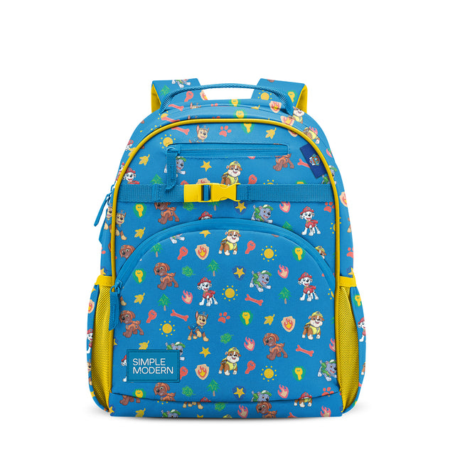 Bright blue children's backpack with yellow accents and colorful Paw Patrol print featuring puppies, ice cream, stars, and bones. Padded straps, front buckle closure, zippered pockets, and mesh side pockets. Simple Modern Bright blue children's backpack with yellow accents and colorful Paw Patrol print featuring puppies, ice cream, stars, and bones. Padded straps, front buckle closure, zippered pockets, and mesh side pockets. Simple Modern