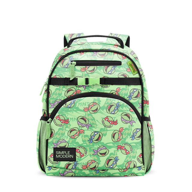 Light green children's backpack with red, purple, and blue character accents, black straps, mesh side pockets, front zippered compartment, and Light green children's backpack with red, purple, and blue character accents, black straps, mesh side pockets, front zippered compartment, and