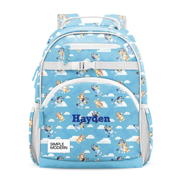 Sky blue children's backpack with white trim, mesh pockets, and padded straps. Features Sky blue children's backpack with white trim, mesh pockets, and padded straps. Features