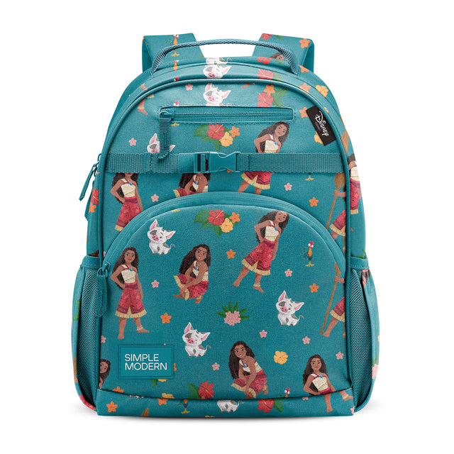 Teal Simple Modern children's backpack with Disney's Moana character print, featuring Moana, rooster, and tropical flowers in coral and orange. Multiple pockets, padded straps, and chest strap. Studio product photo on white Teal Simple Modern children's backpack with Disney's Moana character print, featuring Moana, rooster, and tropical flowers in coral and orange. Multiple pockets, padded straps, and chest strap. Studio product photo on white