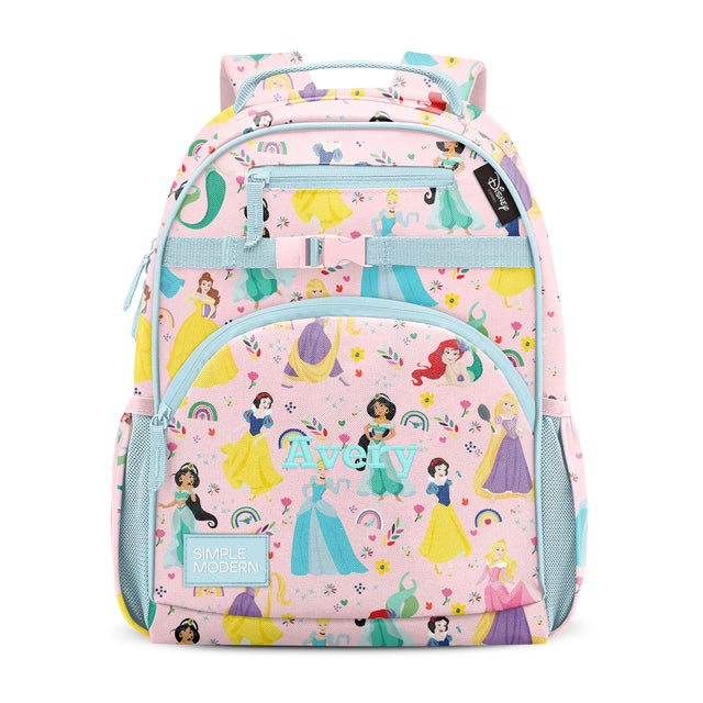 Pink children's backpack with turquoise straps and trim, featuring princess-themed pattern with illustrated characters, flowers, and hearts. Pink children's backpack with turquoise straps and trim, featuring princess-themed pattern with illustrated characters, flowers, and hearts.