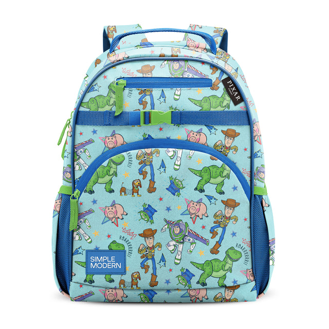 Light blue children's backpack with Toy Story characters including Woody, Buzz Lightyear, and aliens. Features bright blue zip pockets, navy mesh side pockets, drawstring handle, and lime green accents. Simple Modern logo on Light blue children's backpack with Toy Story characters including Woody, Buzz Lightyear, and aliens. Features bright blue zip pockets, navy mesh side pockets, drawstring handle, and lime green accents. Simple Modern logo on