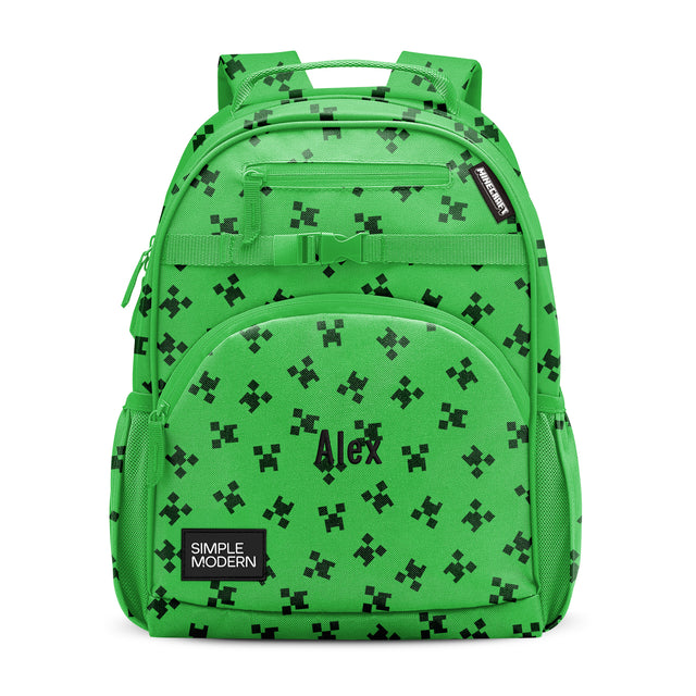 Lime green children's backpack with black pixelated video game patterns, personalized with Lime green children's backpack with black pixelated video game patterns, personalized with