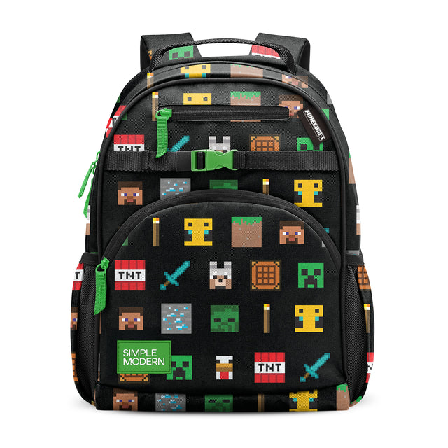 Black children's backpack with pixelated Minecraft-style graphics in bright green, yellow, red, and blue. Features multiple zippered pockets, padded straps, side mesh pockets, and green carabiner. Simple Modern branding Black children's backpack with pixelated Minecraft-style graphics in bright green, yellow, red, and blue. Features multiple zippered pockets, padded straps, side mesh pockets, and green carabiner. Simple Modern branding