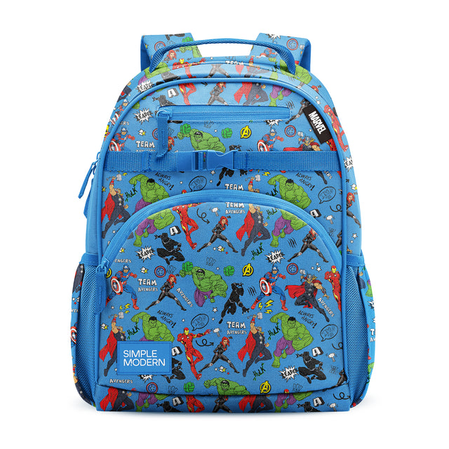 Sky blue children's backpack with bright red, lime green, purple, and yellow accents featuring Marvel Avengers branding. Front view shows padded shoulder straps, multiple zippered pockets, mesh side pockets, and top carry Sky blue children's backpack with bright red, lime green, purple, and yellow accents featuring Marvel Avengers branding. Front view shows padded shoulder straps, multiple zippered pockets, mesh side pockets, and top carry