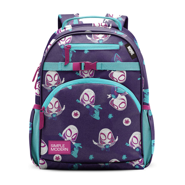 Purple children's backpack with turquoise accents, cartoon character print, multiple pockets, padded straps, side mesh pockets, magenta zipper details, and Simple Modern brand label on white background. Purple children's backpack with turquoise accents, cartoon character print, multiple pockets, padded straps, side mesh pockets, magenta zipper details, and Simple Modern brand label on white background.