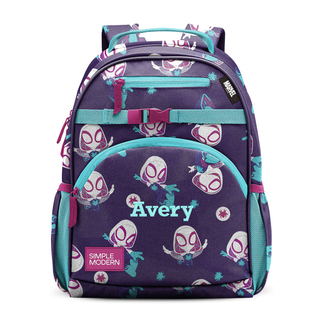 Purple and turquoise children's backpack with character print, multiple pockets, adjustable straps, chest strap with magenta buckle, and Purple and turquoise children's backpack with character print, multiple pockets, adjustable straps, chest strap with magenta buckle, and