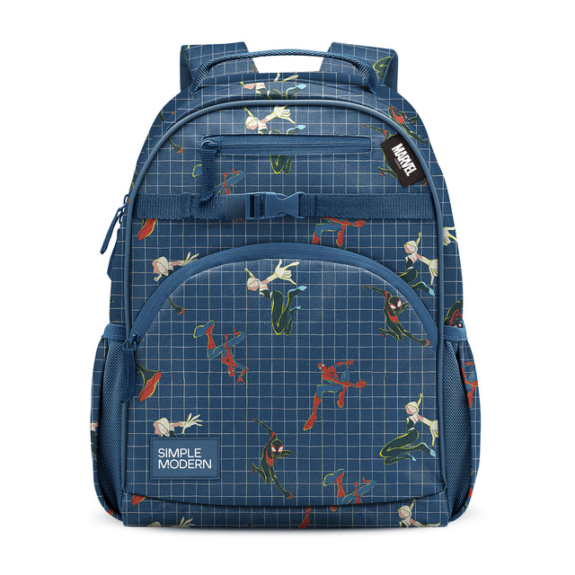 Deep blue grid backpack with Marvel superhero characters in red and cream, featuring padded straps, front pocket, zippered compartment, mesh pockets, and Simple Modern branding label. Deep blue grid backpack with Marvel superhero characters in red and cream, featuring padded straps, front pocket, zippered compartment, mesh pockets, and Simple Modern branding label.