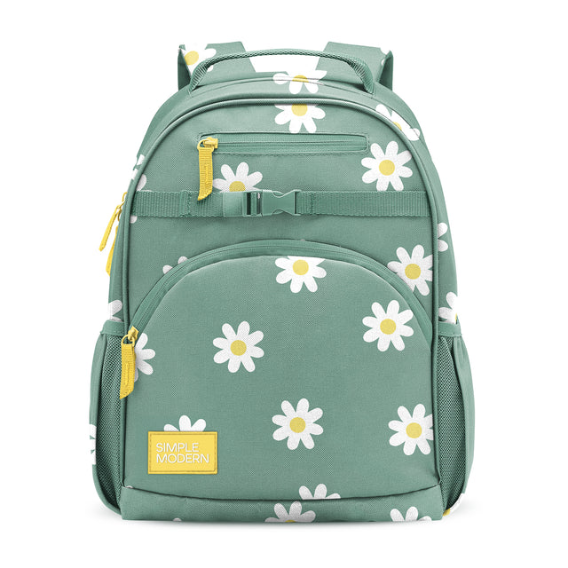 Sage green children's school backpack with white and yellow daisy flowers, yellow-gold zippers, padded shoulder straps, chest strap, multiple compartments, and Simple Modern brand label on white background. Sage green children's school backpack with white and yellow daisy flowers, yellow-gold zippers, padded shoulder straps, chest strap, multiple compartments, and Simple Modern brand label on white background.
