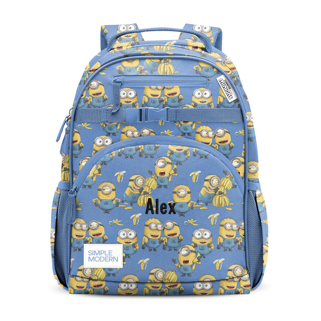 Periwinkle blue children's backpack with yellow Minion character print, front pocket labeled Periwinkle blue children's backpack with yellow Minion character print, front pocket labeled