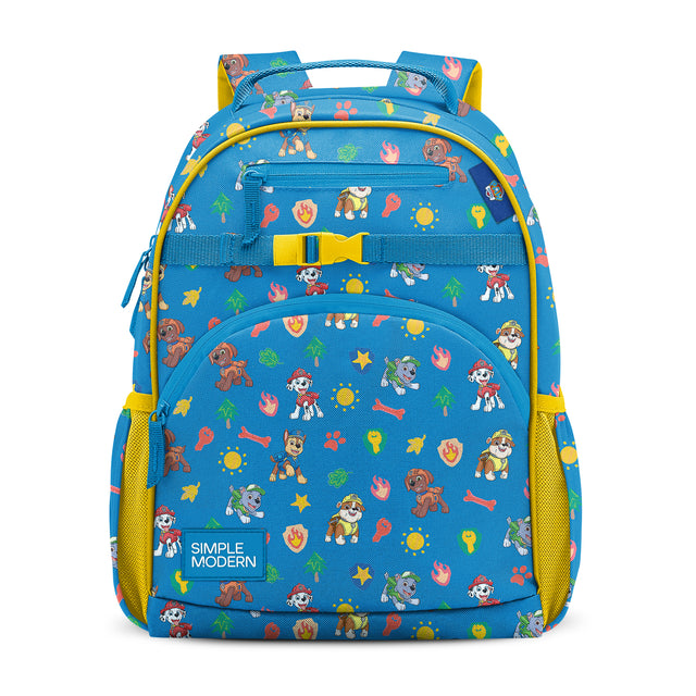 Bright blue Paw Patrol children's backpack with cartoon dog characters and rescue-themed icons. Features yellow shoulder straps, chest buckle, side mesh pockets, and multiple zippered compartments. Bright blue Paw Patrol children's backpack with cartoon dog characters and rescue-themed icons. Features yellow shoulder straps, chest buckle, side mesh pockets, and multiple zippered compartments.