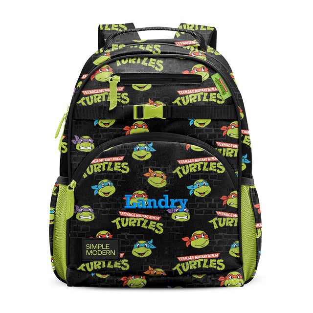 Black Teenage Mutant Ninja Turtles backpack with neon lime green accents, colorful character graphics, front zippered pocket labeled Black Teenage Mutant Ninja Turtles backpack with neon lime green accents, colorful character graphics, front zippered pocket labeled