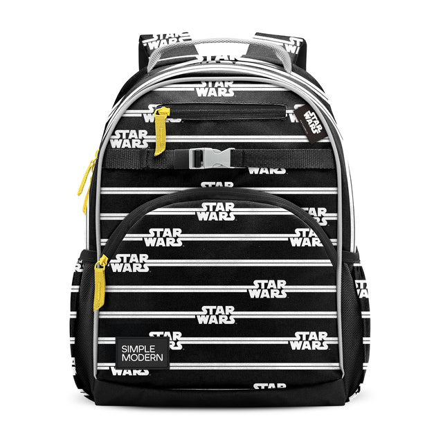 Black and white Star Wars children's backpack with yellow zipper pulls and shoulder strap trim, front pockets, mesh water bottle holder, and gray compression buckle, displayed against white background. Black and white Star Wars children's backpack with yellow zipper pulls and shoulder strap trim, front pockets, mesh water bottle holder, and gray compression buckle, displayed against white background.