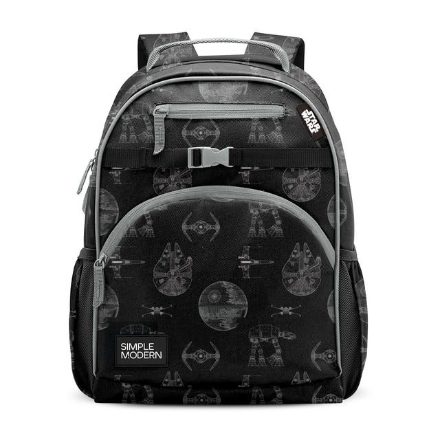 Black and gray structured backpack with multiple zippered compartments, padded shoulder straps, mesh side pockets, and metal buckle strap. Star Wars spacecraft print. Simple Modern brand label visible. Black and gray structured backpack with multiple zippered compartments, padded shoulder straps, mesh side pockets, and metal buckle strap. Star Wars spacecraft print. Simple Modern brand label visible.