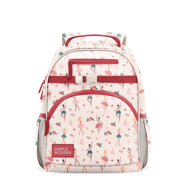 Cream-colored children's backpack with crimson red straps and trim, featuring illustrated ballerinas in tutus, pointe shoes, and floral designs. Multiple pockets, padded shoulder straps, and waist strap. Simple Modern brand Cream-colored children's backpack with crimson red straps and trim, featuring illustrated ballerinas in tutus, pointe shoes, and floral designs. Multiple pockets, padded shoulder straps, and waist strap. Simple Modern brand