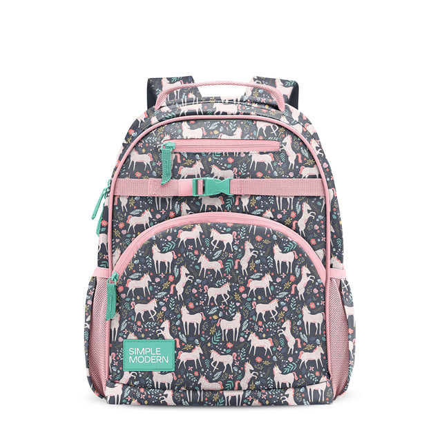 Navy children's backpack with llama and floral pattern, pink shoulder straps, front zipper pocket, mesh side pockets, green buckle detail, and Simple Modern branding patch. Navy children's backpack with llama and floral pattern, pink shoulder straps, front zipper pocket, mesh side pockets, green buckle detail, and Simple Modern branding patch.