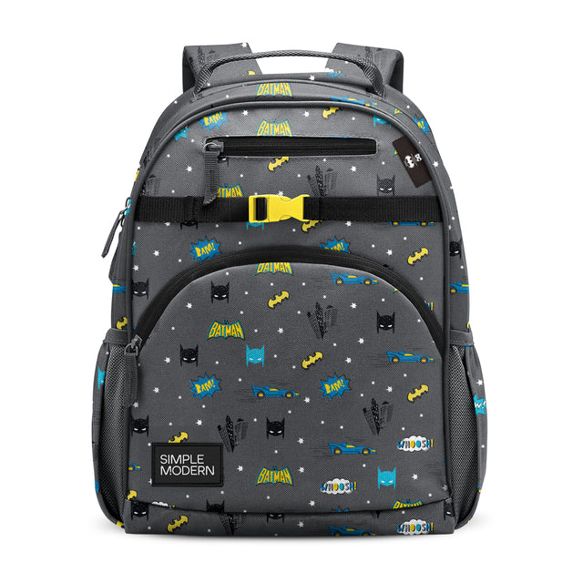 Batman-themed backpack by Simple Modern with charcoal gray base, featuring yellow Batman-themed backpack by Simple Modern with charcoal gray base, featuring yellow