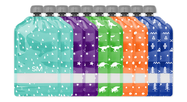 Five colorful reusable pouches arranged in a row displaying turquoise with white triangles, deep blue, and additional color variations, shown against a white background. Five colorful reusable pouches arranged in a row displaying turquoise with white triangles, deep blue, and additional color variations, shown against a white background.