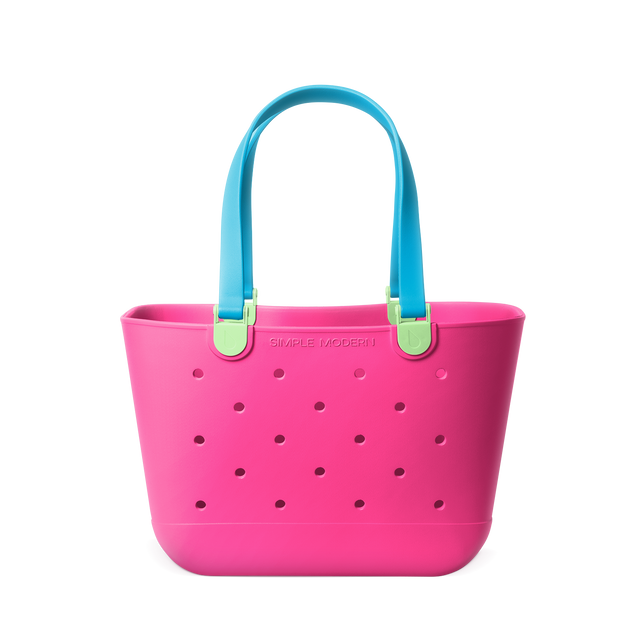 Hot pink tote bag with turquoise blue handles Hot pink tote bag with turquoise blue handles