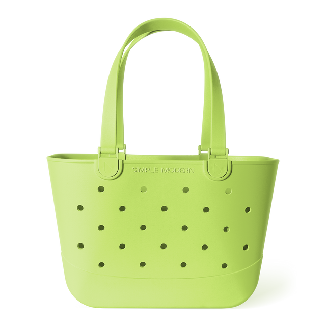Lime green perforated tote bag with long padded handles and metal hardware, featuring Simple Modern branding, shown against white background. Lime green perforated tote bag with long padded handles and metal hardware, featuring Simple Modern branding, shown against white background.