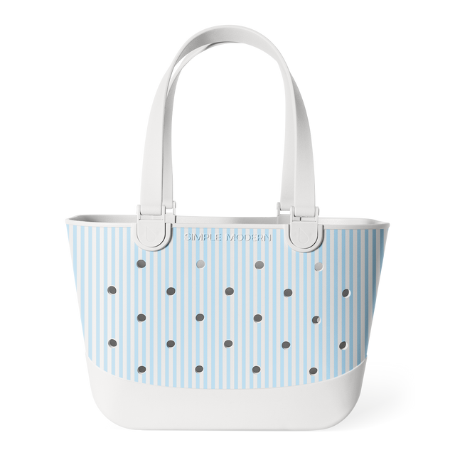 Light blue and white striped tote bag with white handles, metal grommets across the front, and Light blue and white striped tote bag with white handles, metal grommets across the front, and
