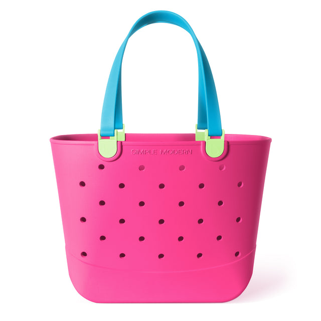 Hot pink perforated plastic tote bag with cyan blue handles and lime green reinforcement panels. Simple Modern brand logo embossed on front. Product shot on white background. Hot pink perforated plastic tote bag with cyan blue handles and lime green reinforcement panels. Simple Modern brand logo embossed on front. Product shot on white background.