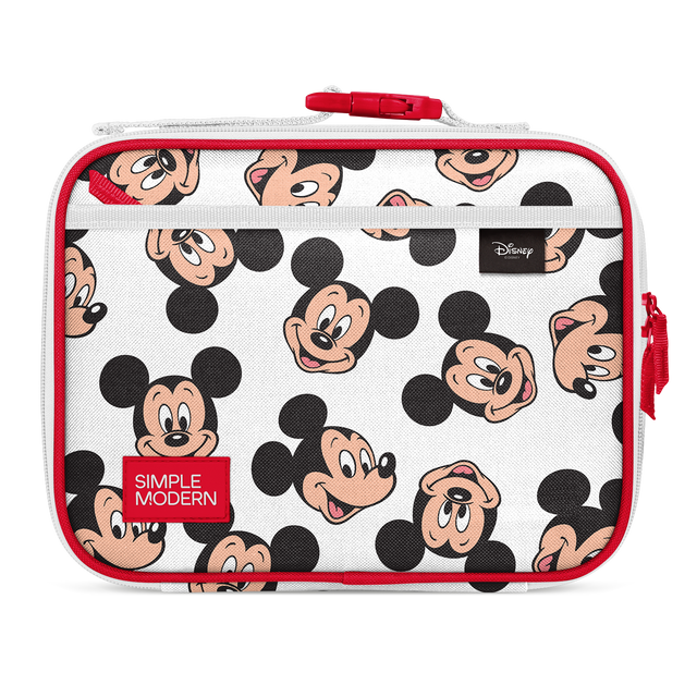 Red and white Mickey Mouse lunch box with black Mickey ears and facial features, peach and tan accents, bright red frame and trim on white background. Red and white Mickey Mouse lunch box with black Mickey ears and facial features, peach and tan accents, bright red frame and trim on white background.