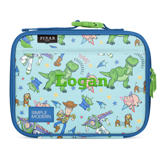 Light blue insulated lunch box with Toy Story characters including Rex, Buzz Lightyear, and Woody. Personalized with Light blue insulated lunch box with Toy Story characters including Rex, Buzz Lightyear, and Woody. Personalized with