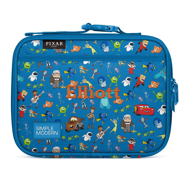 Blue insulated lunch box with Pixar character print featuring Nemo, Dory, Woody, Lightning McQueen, and Mike and Sulley. Orange Blue insulated lunch box with Pixar character print featuring Nemo, Dory, Woody, Lightning McQueen, and Mike and Sulley. Orange