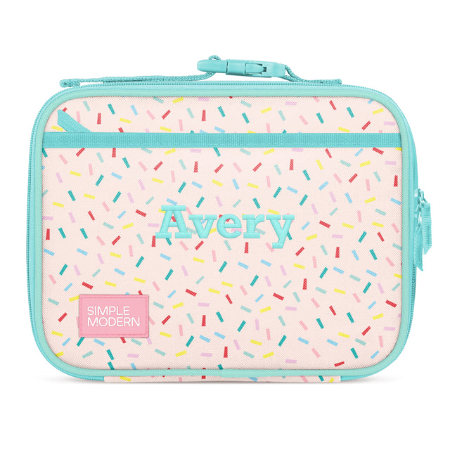 Personalized insulated lunch box for kids in soft pink and turquoise with colorful sprinkles, featuring Personalized insulated lunch box for kids in soft pink and turquoise with colorful sprinkles, featuring