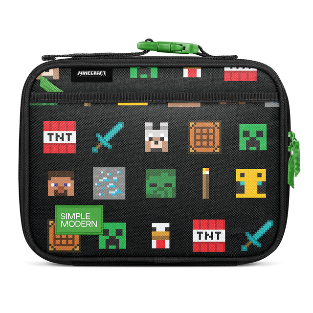 Black insulated Minecraft lunch box with pixelated pixel art design featuring creepers, TNT blocks, diamond pickaxes, and Steve character. Green handle and Simple Modern logo patch. Studio product shot on white background. Black insulated Minecraft lunch box with pixelated pixel art design featuring creepers, TNT blocks, diamond pickaxes, and Steve character. Green handle and Simple Modern logo patch. Studio product shot on white background.