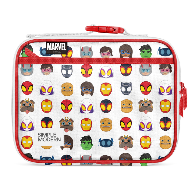 Red and white Marvel character lunch box with bright red zipper and trim, featuring vibrant character faces in red, yellow, and blue on light gray background. Red and white Marvel character lunch box with bright red zipper and trim, featuring vibrant character faces in red, yellow, and blue on light gray background.