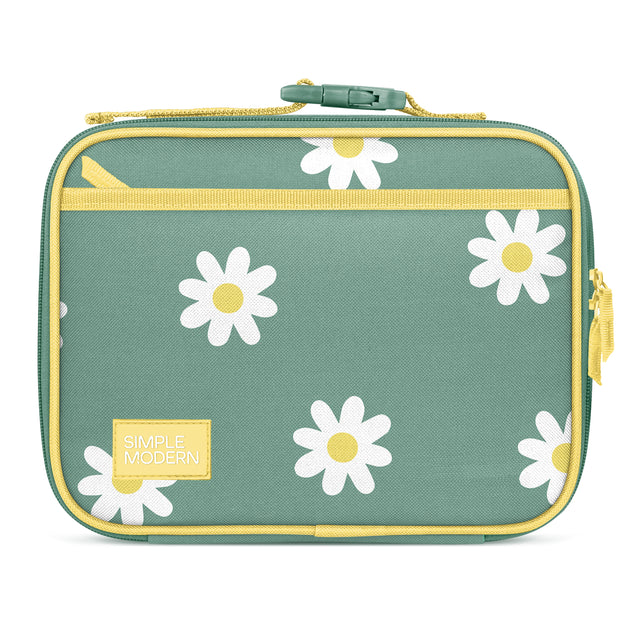Simple Modern sage green insulated lunch bag with white daisy print, yellow stripe accent, yellow trim, green handle with slider buckle, dual gold zippers, and Simple Modern sage green insulated lunch bag with white daisy print, yellow stripe accent, yellow trim, green handle with slider buckle, dual gold zippers, and