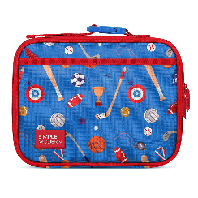 Bright blue lunch box with red accents, featuring orange, tan, white, and navy blue design elements Bright blue lunch box with red accents, featuring orange, tan, white, and navy blue design elements