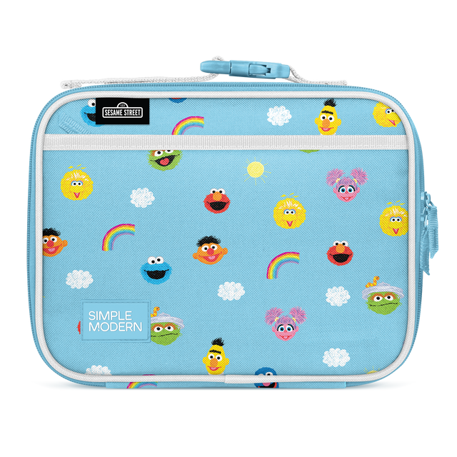 Bright sky blue lunch bag with white trim and Sesame Street character faces in yellow and red accents Bright sky blue lunch bag with white trim and Sesame Street character faces in yellow and red accents