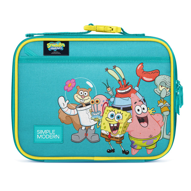Turquoise insulated lunch box with SpongeBob SquarePants embroidered characters, yellow trim, detachable handle, and side zipper pocket. Features SpongeBob, Patrick, Squidward, Mr. Krabs, and Sandy Cheeks in celebratory Turquoise insulated lunch box with SpongeBob SquarePants embroidered characters, yellow trim, detachable handle, and side zipper pocket. Features SpongeBob, Patrick, Squidward, Mr. Krabs, and Sandy Cheeks in celebratory