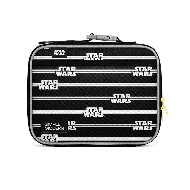 Black Star Wars soft-sided lunch box with gold zipper, gray carrying handle, and quilted padding. Features white Star Wars logo text with silver stripes and Simple Modern branding label. Black Star Wars soft-sided lunch box with gold zipper, gray carrying handle, and quilted padding. Features white Star Wars logo text with silver stripes and Simple Modern branding label.