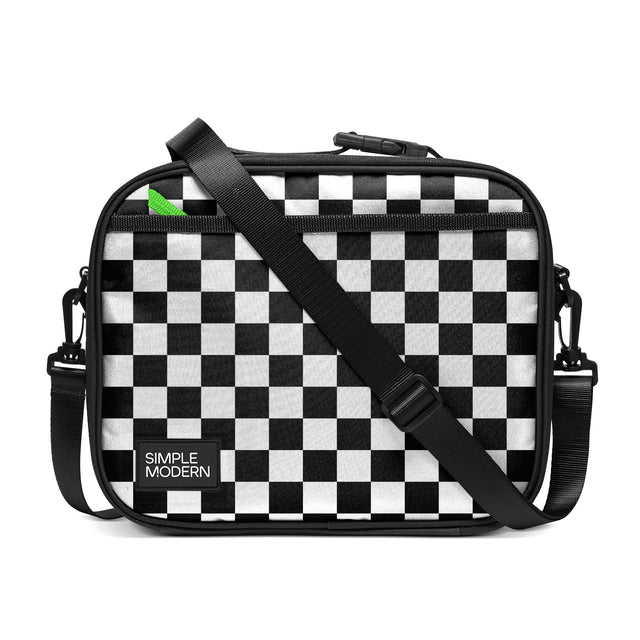Black and white checkered crossbody bag with black trim, neon green accent tab, adjustable strap, and Black and white checkered crossbody bag with black trim, neon green accent tab, adjustable strap, and