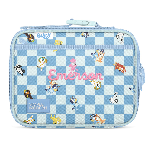 Bluey light blue and white gingham lunch box with embroidered cartoon dogs and Bluey light blue and white gingham lunch box with embroidered cartoon dogs and