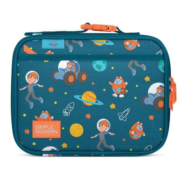 Deep teal lunch box with bright orange handles, trim, and brand label Deep teal lunch box with bright orange handles, trim, and brand label